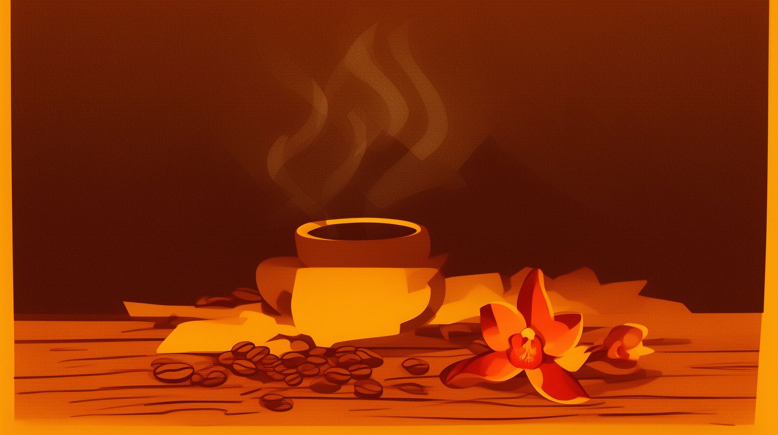 Taza de café humeante sobre una mesa de madera con granos de café y una orquídea morada al fondo entre niebla