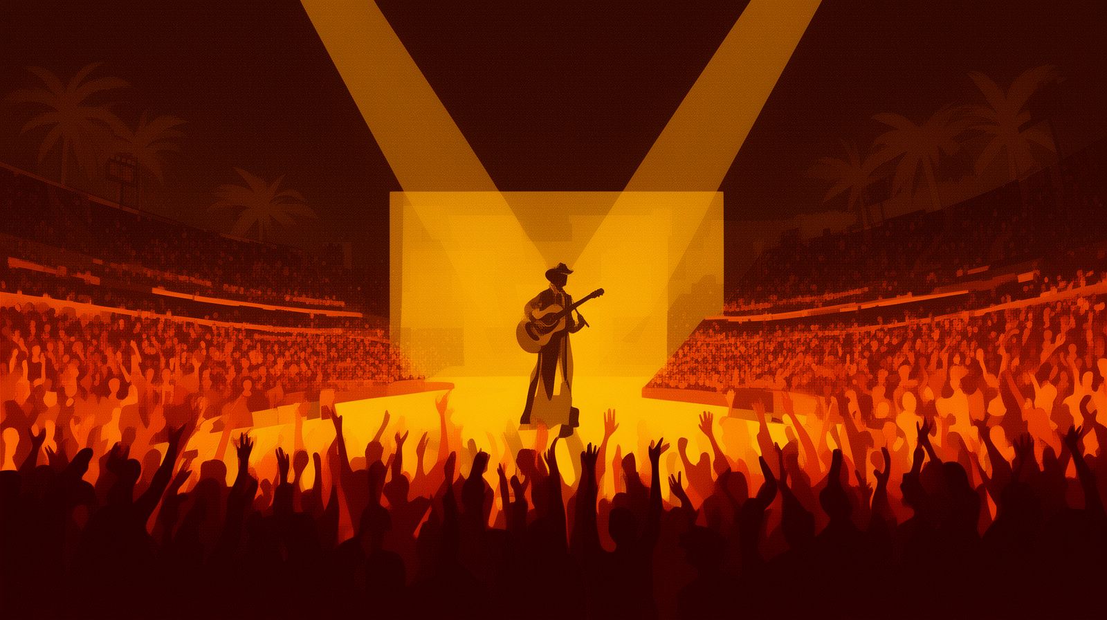 Silueta de un cantante con sombrero y guitarra bajo reflectores frente a un estadio lleno de noche, con palmeras al fondo