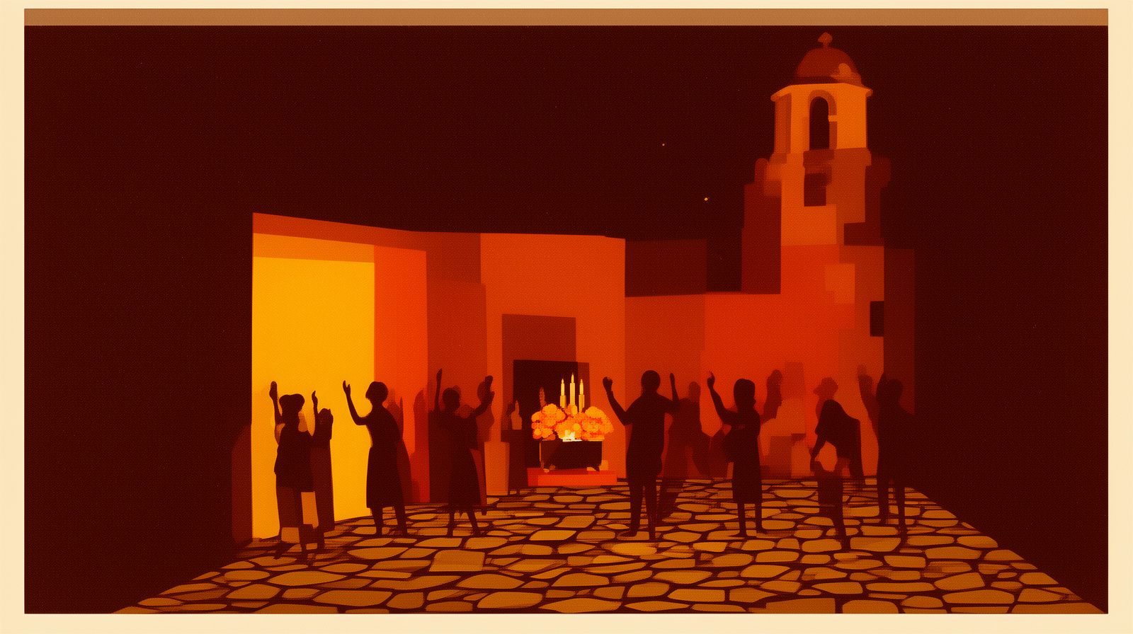 Grupo de siluetas cantando de noche frente a la puerta de una casa con un altar iluminado por velas y flores de cempasúchil