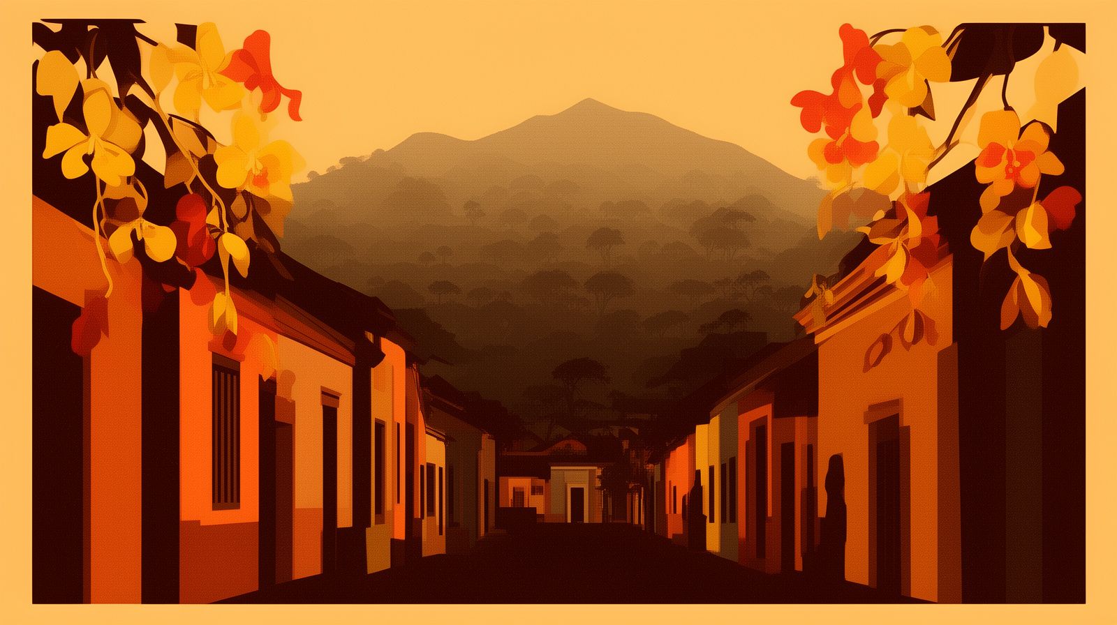 Calle colonial con fachadas de colores entre niebla de montaña y flores de orquídea en primer plano