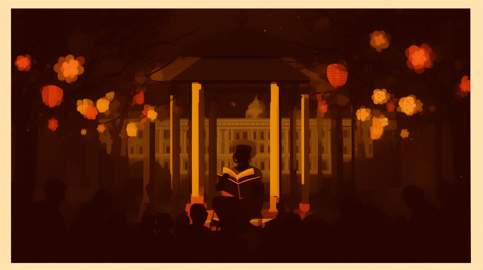 Linternas de papel con forma de flores iluminando un parque colonial de noche, siluetas de un narrador de cuentos