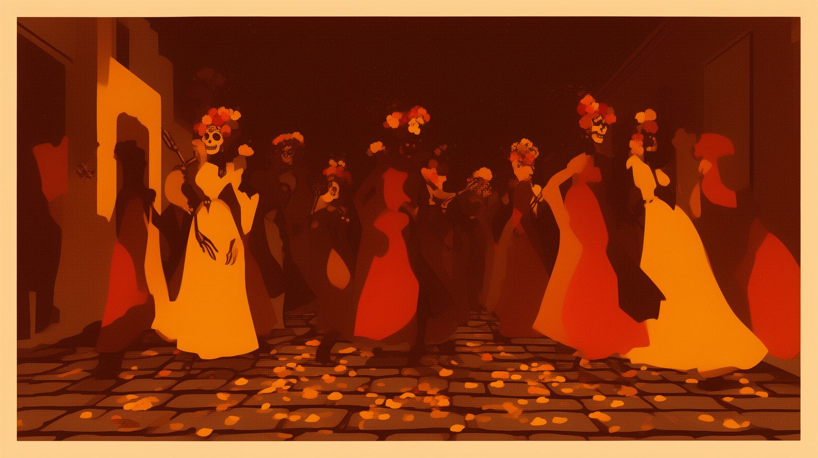 Pasarela de catrinas con vestidos coloridos y sombreros de flores sobre una calle empedrada colonial de noche